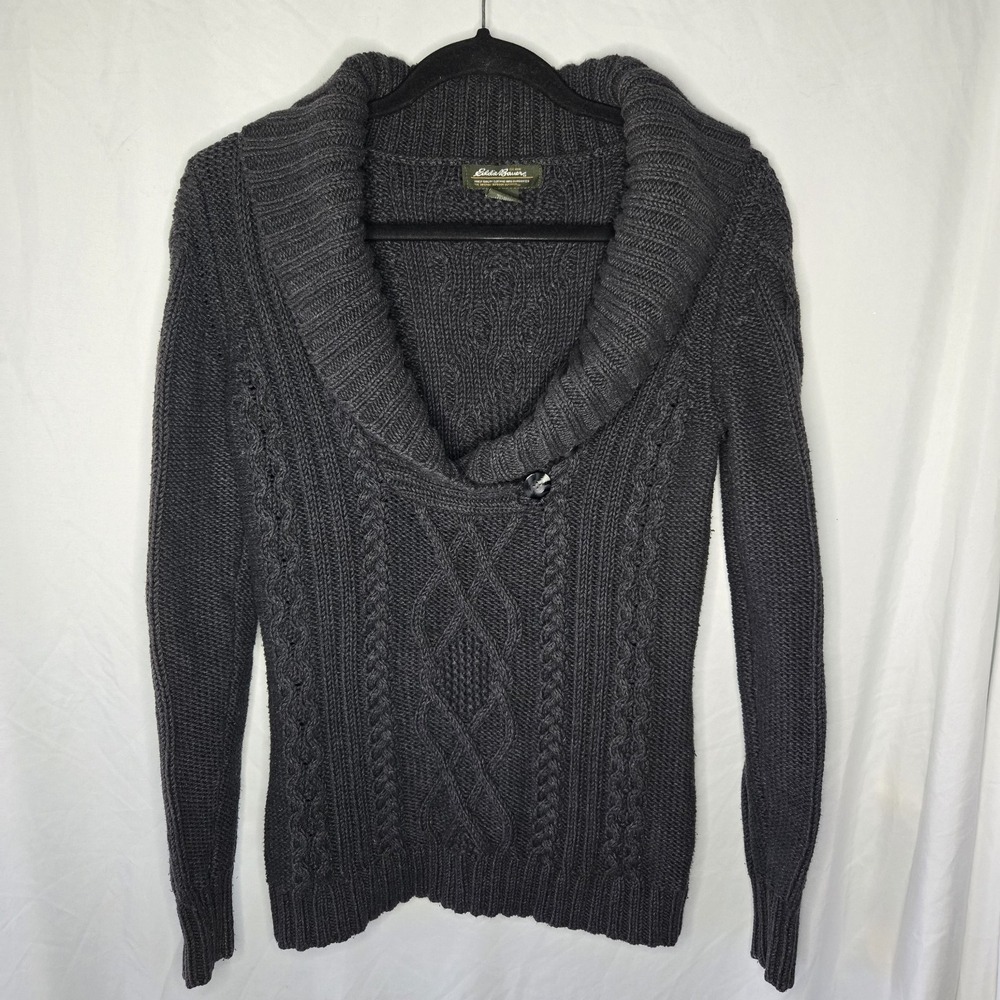 Eddie Bauer Shawl Collar Cable Knit Sweater Women's Small Gray Preppy‎ Heritage